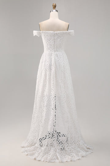 White Off the Shoulder Lace High-Low Boho Wedding Dress